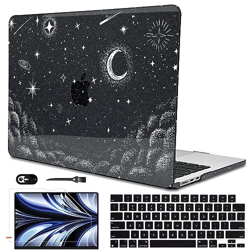 for 2022 2023 2024 2025 2026 MacBook Air 13 inch Case M5 A3449 M4 A3240 M3 A3113 M2 A2681 Cover, Glitter Black Printed Pattern Plastic Hard Shell Case for Mac Air 13.6 M5 2026, Stars & Moon - color: Stars & Moon