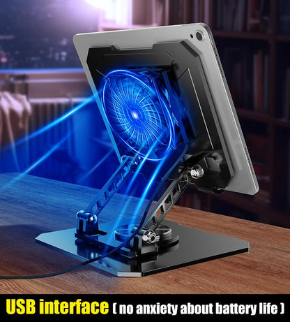360° Rotating Desk Stand Holder with USB Cooler for iPad/Tablets | Carbon Steel Frame, Dual Rod Mount Support for iPad Pro 13 12 11 Air Mini 5 4 3 Samsung Tab E-Reader - color: Silver with built-in cooler
