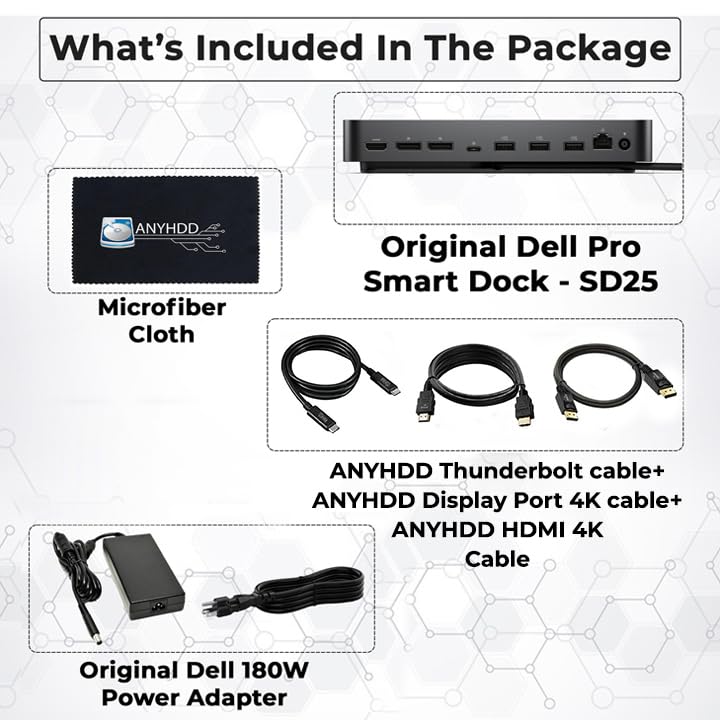 Dell Pro Smart Dock SD25 Bundle - 10Gbps, 3 Year Warranty, Supports Dual/Triple Monitors & 4K Displays with 180W Power Supply, Anyhdd HDMI, DisplayPort, USB C Cable, Cloth - Docking Station - style: Dell SD25 New