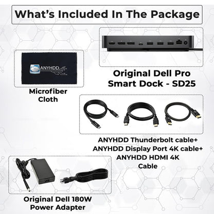 Dell Pro Smart Dock SD25 Bundle - 10Gbps, 3 Year Warranty, Supports Dual/Triple Monitors & 4K Displays with 180W Power Supply, Anyhdd HDMI, DisplayPort, USB C Cable, Cloth - Docking Station - style: Dell SD25 New