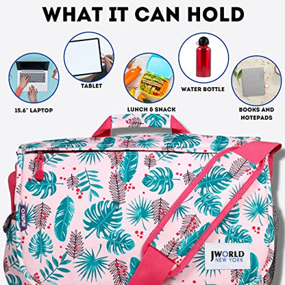 J World New York Thomas Laptop Messenger Bag for Women & Men. Kids Computer Bookbag - color: Palm Leaves