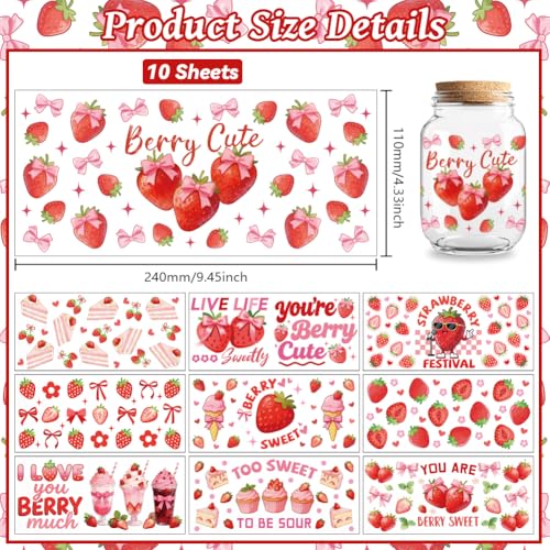 Strawberry Cakes UV DTF Cup Wraps, 10 Sheets Transfer Sticker | Waterproof UV DTF Stickers, Custom Vinyl Decals for 16oz Coffee Cups Tumblers Bottles Mugs, DIY Gifts & Crafts - style: Strawberries with Cakes and Bows