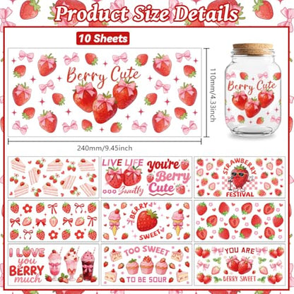 Strawberry Cakes UV DTF Cup Wraps, 10 Sheets Transfer Sticker | Waterproof UV DTF Stickers, Custom Vinyl Decals for 16oz Coffee Cups Tumblers Bottles Mugs, DIY Gifts & Crafts - style: Strawberries with Cakes and Bows