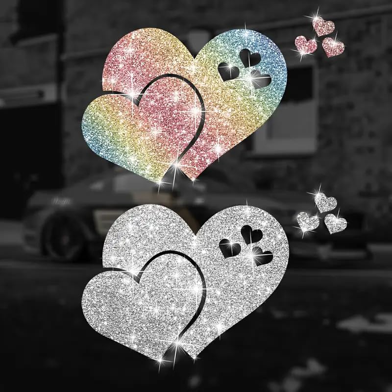 2pcs Sparkling Heart-Shaped Sunflower Self-Adhesive PVC Rainbow Glittery Decal Sticker for Cars, Laptops, Trucks, Motorcycles Wall Window Luggage Scratch Cover Door Multi-Surface Decor Sticker