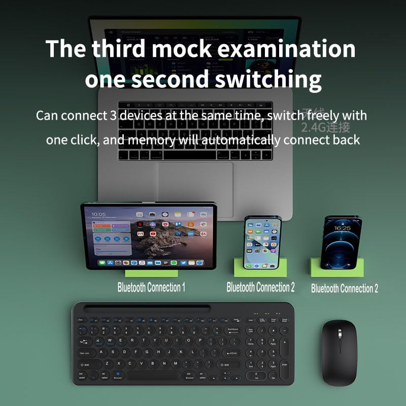 Wireless Keyboard and Mouse Combo with Phone Tablet Holder, Rechargeable Dual-Mode (Bluetooth 5.0 and 3.0 +2.4G) Multi-Device Silent Mouse for Windows, iPad, Tablet, MacOS,iOS,Android(Black) - color: Black