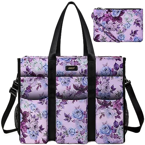 IBFUN Women - Utility Tote Bag with 24 Pockets and Laptop Compartment, Work Tote for Women - color: B8-l-pruple Flower, size: Large