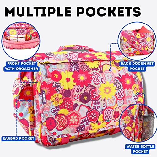 J World New York Thomas Laptop Messenger Bag for Women & Men. Kids Computer Bookbag - color: Poppy Pansy