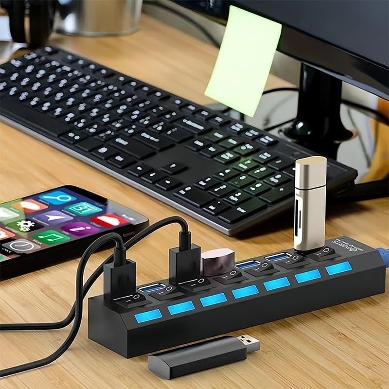 USB 3.0 Hub with Individual On/Off LED Switches, 1 USB 3.0 and 6 USB 2.0 Ports Hub Splitter with 0.52m/20.5'' Cable, Portable USB Adapter USB Extender for Data Transfer and Charging, Black