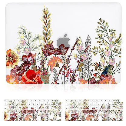 Case for MacBook Air 13 inch M1 A2337 A2179 A1932 2022-2018 Release, 3D Effect Matte Clear See Through Hard Cover&Keyboard Cover Compatible Air 13.3 with Retina Display Touch ID, Field Flowers - color: Yellow Red