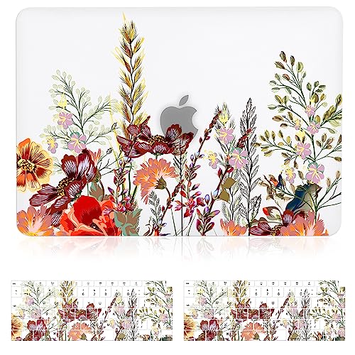 Case for MacBook Air 13 inch M1 A2337 A2179 A1932 2022-2018 Release, 3D Effect Matte Clear See Through Hard Cover&Keyboard Cover Compatible Air 13.3 with Retina Display Touch ID, Field Flowers - color: Yellow Red