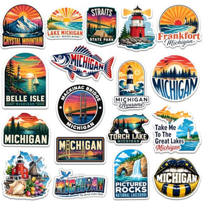 18 Pcs Michigan Stickers, Michigan Travel Sticker Waterproof Vinyl Vacation Decals for Laptop Water Bottle Travel Journal Party Favors - color: Michigan