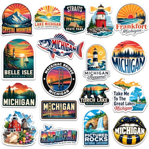 18 Pcs Michigan Stickers, Michigan Travel Sticker Waterproof Vinyl Vacation Decals for Laptop Water Bottle Travel Journal Party Favors - color: Michigan