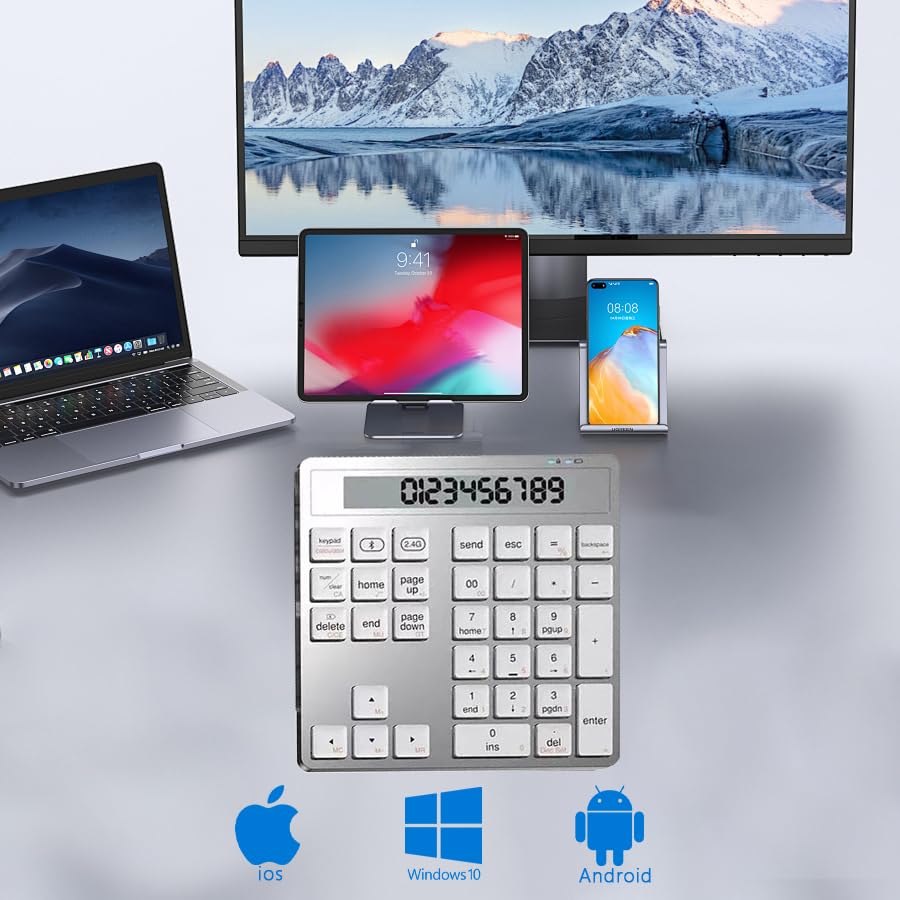 Wireless Bluetooth Numeric keypad and Calculator 2-in-1 Silent Multifunction keypad with Display Office Business for PC, Mac, Laptop, Desktop (Silver)