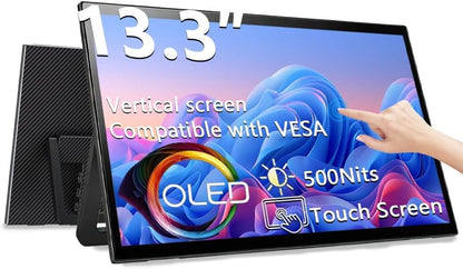 13.3" OLED Portable Touchscreen Monitor, 1080P HDR VESA 500 Nits, USB-C HDMI External Display with Stand (Vertical Monitor) & Speakers for Laptop PC Mac Android (No Touch for iPhone/iPad/Consoles)