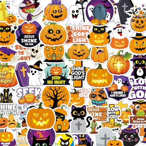 50 Pcs Spooky Halloween Stickers Bible Verse Scrapbook Stickers | Halloween Christian Design, Waterproof Water Bottle Stickers, Ghost Pumpkin Sticker, Vinyl Decals for Luggage Laptop Journal - style: Halloween