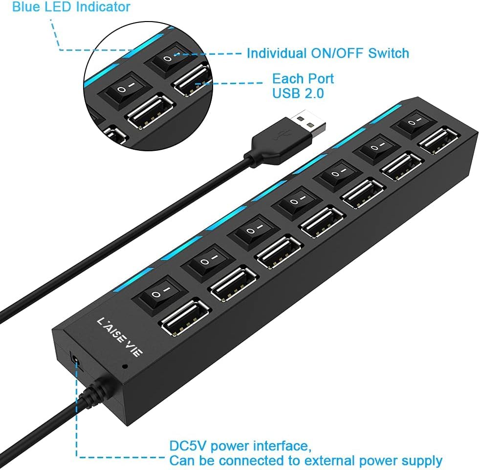 1-Pcs 7-Port USB Hub 3.0,USB Hub Splitter with Individual On/Off Switches and Lights Compatible with Laptop,PC,Flash Drive,Mobile HDD