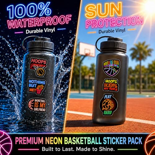 DETICKERS Neon Basketball Stickers for Basketball Fans Boys Water Bottles 50 PCS Waterproof Vinyl Sports Stickers Team Gifts - style: Neon Basketball