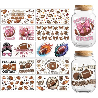 Peacoblue UV DTF Cup Wraps Transfer Stickers Rugby and American Football Pattern, 10 Sheets Waterproof Custom Vinyl Transfer Sticker 16oz Coffee Glass Cup Tumbler Bottle Mug Decals for Men Women - style: Rugby and American Football