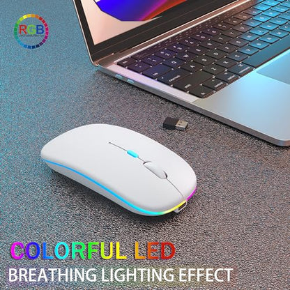 AIKOKOK Wireless Bluetooth Mouse, Rechargeable, Dual Mode Bluetooth 5.2 & 2.4G USB, LED Lights, Slim, Silent, Portable Computer Mouse for Laptop, PC, MacBook, iPad, Tablet (White) - color: White