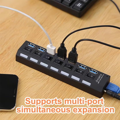 USB 3.0 Hub with Individual On/Off LED Switches, 1 USB 3.0 and 6 USB 2.0 Ports Hub Splitter with 0.52m/20.5'' Cable, Portable USB Adapter USB Extender for Data Transfer and Charging, Black