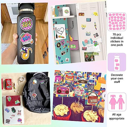 DETICKERS 80s 90s Stickers for Water Bottles 90s Party Decorations 70 PCS Waterproof Vinyl Gifts for Adult Stickers - style: Retro 80s 90s