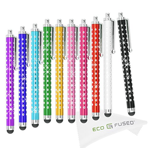 Eco-Fused 10 Pack Bling Metal Stylus Pens - Universal - Compatible with All Capacitive Touchscreen Devices - for iPad, iPhone, Samsung Phones and Tablets, All Android Phones and Tablets and More