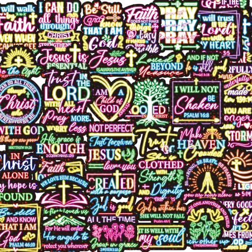 100 Pcs Glow Neon Bible Verse Stickers Christian Faith Stickers | Prayer Board Supplies, Glossy Waterproof Vinyl, Glow Scripture Decals for Scrapbook Journal Planner Water Bottle Laptop - style: Glow Style Neon