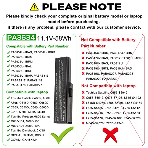 PA3634U-1BAS Laptop Battery for Toshiba Satellite A665 C655 L645 L645D L650 L650D L655 L655D L670 L675 M300 M301 M305 M505 U405, p/n PABAS228 PA3634U-1BRS PA3635U-1BAM PA3636U-1BRS PA3635U-1BRM - size: 6 Cell PA3634U-1BAS