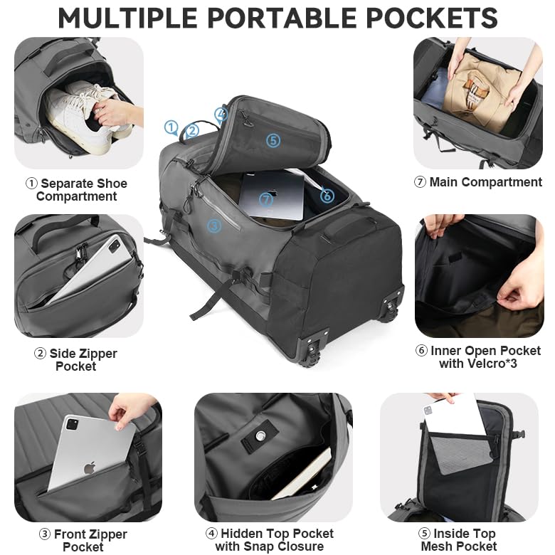 Rolling Duffle Bag with Wheels,86L 30”Carry on Luggage with Wheels,Folding Travel Bag,Duffle Backpack with Separate Shoe Compartment (Grey) - color: Grey