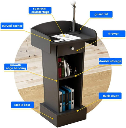Multi Function Pulpit foLectern Podium Stand, Podium Stand Simple Lecterns Wood Podiums Conference Table Podium Stand with Spacious Drawer and Open Storage Portable Stand