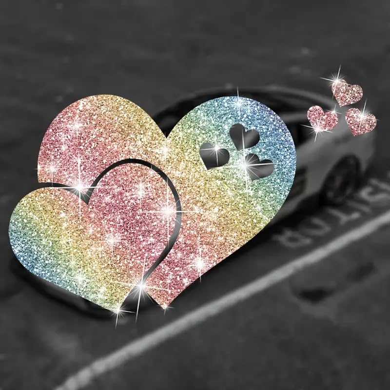 2pcs Sparkling Heart-Shaped Sunflower Self-Adhesive PVC Rainbow Glittery Decal Sticker for Cars, Laptops, Trucks, Motorcycles Wall Window Luggage Scratch Cover Door Multi-Surface Decor Sticker