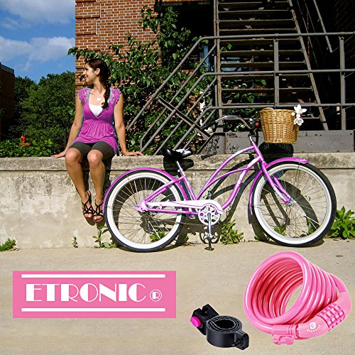 Etronic Bike Lock M6, Cable Lock 6 Feet Long Coiled Security Resettable Combo Combination Lock Bicycle Lock with Mounting Bracket - color: Pink
