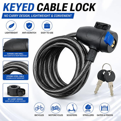 Bike Lock,Bike Cable Lock with Keys,Durable Steel,Coiled Steel Security Cable for Bicycle with Keys for Outdoor Equipment,Bicycles,Scooters,Fence