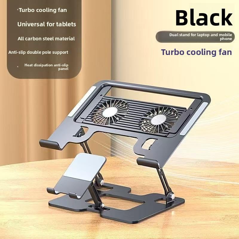 Laptop Cooling Stand (with 2 Silent Cooling Fans), Adjustable Height (with Detachable Phone Holder), Ergonomic Foldable Stand, Aluminum Alloy Cooling Base, Compatible with 10-17 inch laptops