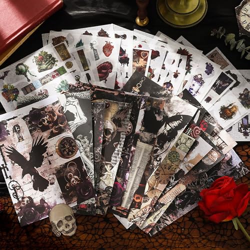 Dark Aesthetic Gothic Stickers 400 Pre-Cut Washi Stickers 20 Scrapbook Papers Horror Decals for Junk Journal Collage DIY Crafts Halloween Scrapbooking Sticker - color: Goth