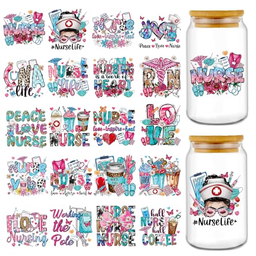 Rngmsi UV DTF Cup Wrap - 20 Sheets Nurse UV DTF Wraps for 16 oz, Bow Daisy Drink Cups Affirmative Uvdtf Stickers for Glass Water Bottles, Pink Blue Rub on Transfer Decals, DIY Nurse Gift - style: Nurse