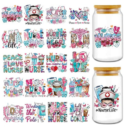 Rngmsi UV DTF Cup Wrap - 20 Sheets Nurse UV DTF Wraps for 16 oz, Bow Daisy Drink Cups Affirmative Uvdtf Stickers for Glass Water Bottles, Pink Blue Rub on Transfer Decals, DIY Nurse Gift - style: Nurse