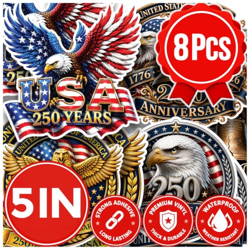 Big Premium 6in 8pcs USA 250th Anniversary Patriotic Stickers – 4 Unique Designs, 6-Inch Patriotic USA Flag Vinyl Decals for Car, Truck, SUV & Laptop – 250 Years Commemorative Window Decals - color: 250th Anniversary Stickers, size: 8 Pcs