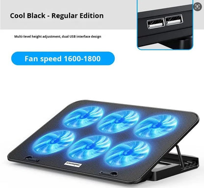 Metal Ice Cooler Silent Exhaust Portable Laptop Cooling Stand with 6 Cooling Fans, Cooling Pad for Laptop Fan 15.6 Inch, with Height Adjustable, Notebook Cooler Pad with Two USB Port