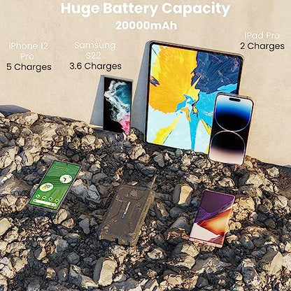 Rugged & Waterproof 20000mah 18W USB-C PD Power Bank. Extreme Tactical Portable Charger Heavy Duty, Camping, Outdoor with Flashlight. Compatible with iPhone, Samsung, iPad, Android, Galaxy