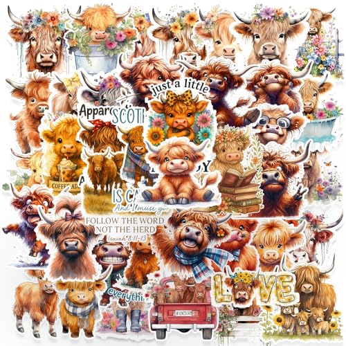 100 PCS Highland Cow Stickers,Funny Highland Cow Stickers,Waterproof Vinyl Decals for Laptop,Water Bottle,Journal, Scrapbook