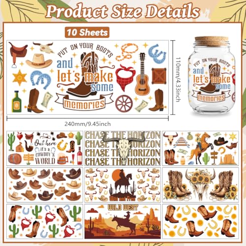UV DTF Cup Wraps Transfer Stickers Western Cowboys Pattern, 10 Sheets Waterproof Custom Vinyl Transfer Sticker 16oz Coffee Glass Cup Tumbler Bottle Mug Decals for Men Women | Waterproof UV DTF Stickers, Custom Vinyl Decals for 16oz Coffee Cups Tumblers Bo