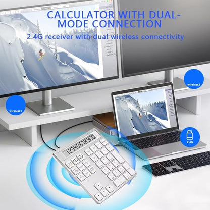 Wireless Bluetooth Numeric keypad and Calculator 2-in-1 Silent Multifunction keypad with Display Office Business for PC, Mac, Laptop, Desktop (Silver)