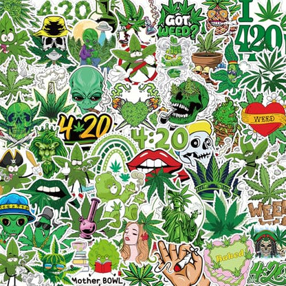 Weed Plant Stickers for Adults - 100 Pcs Green Leaves Trippy Water Bottle Stickers, 420 Waterproof Vinyl Scrapbook Decals for Laptop Journaling - style: Weed Plant