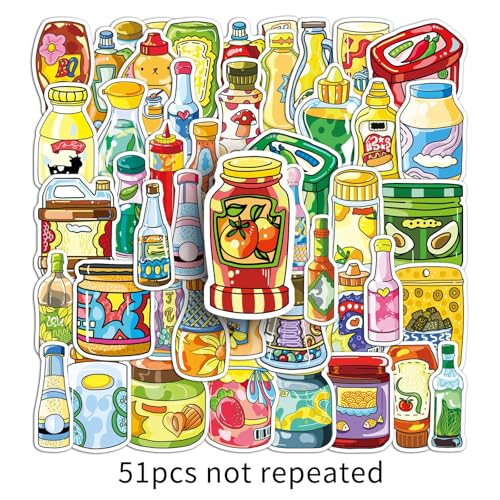 51 Pcs Sauce & Condiment Doodle Stickers - Cute Foodie Kawaii Vinyl Decals for Cooks, Kitchen Ketchup, Mayo Fun Sticker Pack(Sauce) - color: Sauce