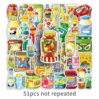 51 Pcs Sauce & Condiment Doodle Stickers - Cute Foodie Kawaii Vinyl Decals for Cooks, Kitchen Ketchup, Mayo Fun Sticker Pack(Sauce) - color: Sauce