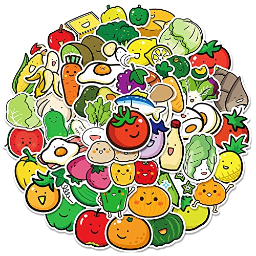 Fruit & Vegetable Sticker Pack 50 PCS, Playful Aesthetic Waterproof Vinyl Die-Cut Fresh Food Stickers for Water Bottles Laptop Luggage Skateboard, Scrapbook Journal Phone Case Notebook