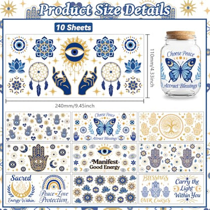 Hamsa Evil Eye UV DTF Cup Wraps, 10 Sheets Transfer Sticker | Waterproof UV DTF Stickers, Custom Vinyl Decals for 16oz Coffee Cups Tumblers Bottles Mugs, DIY Gifts & Crafts - style: Hamsa Hands and Evil Eye