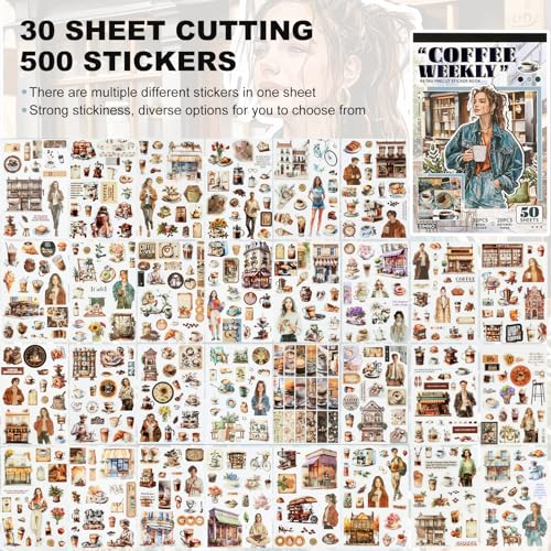 Scrapbooking Stickers - 500 Pre-Cut Washi Stickers & 20 Scrapbook Papers Coffee and People Sticker Books for journaling Scrapbooking Supplies - color: Coffee
