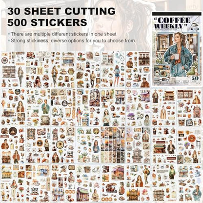 Scrapbooking Stickers - 500 Pre-Cut Washi Stickers & 20 Scrapbook Papers Coffee and People Sticker Books for journaling Scrapbooking Supplies - color: Coffee